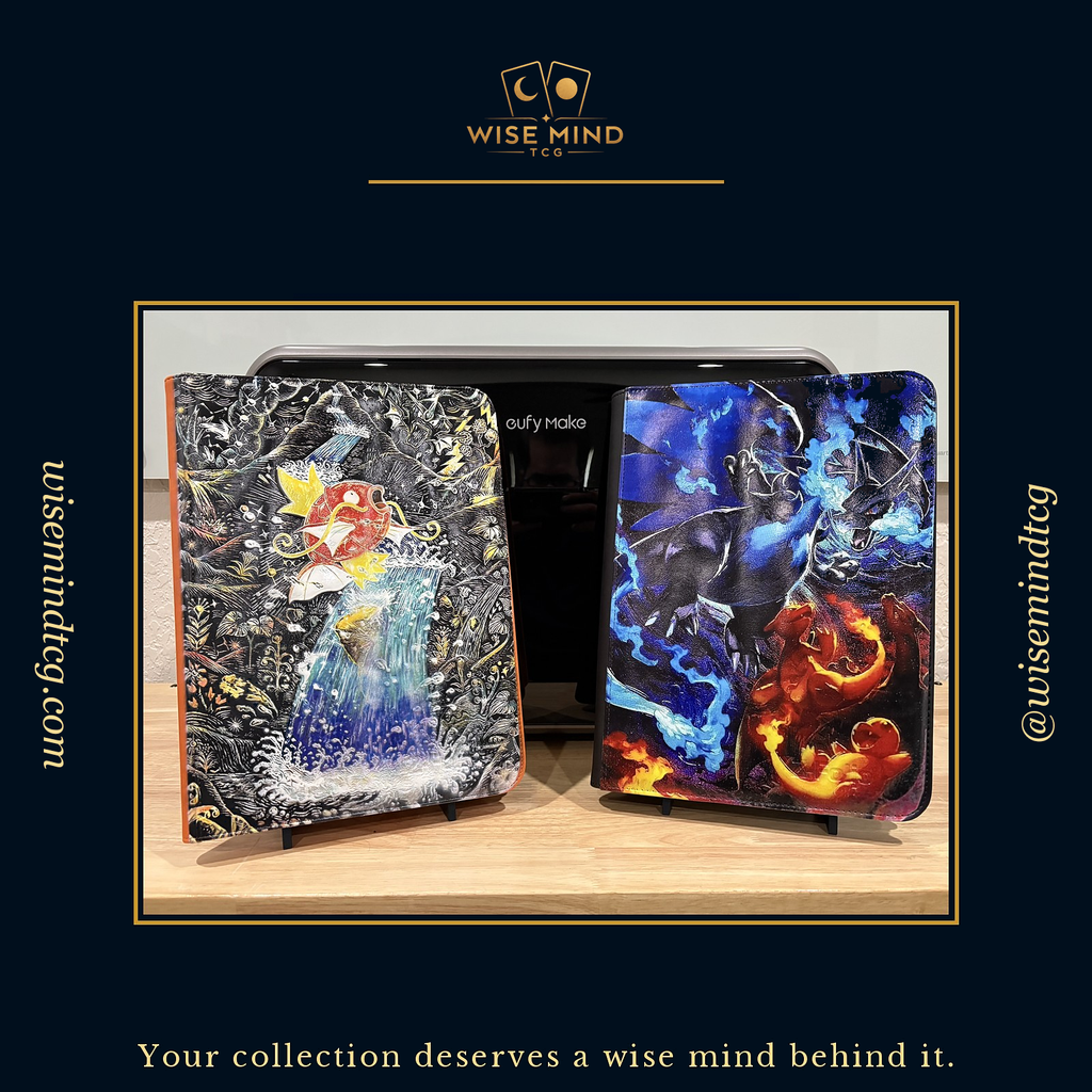 Two finished custom UV-printed 9-pocket TCG binders — Magikarp and Charizard cover artwork