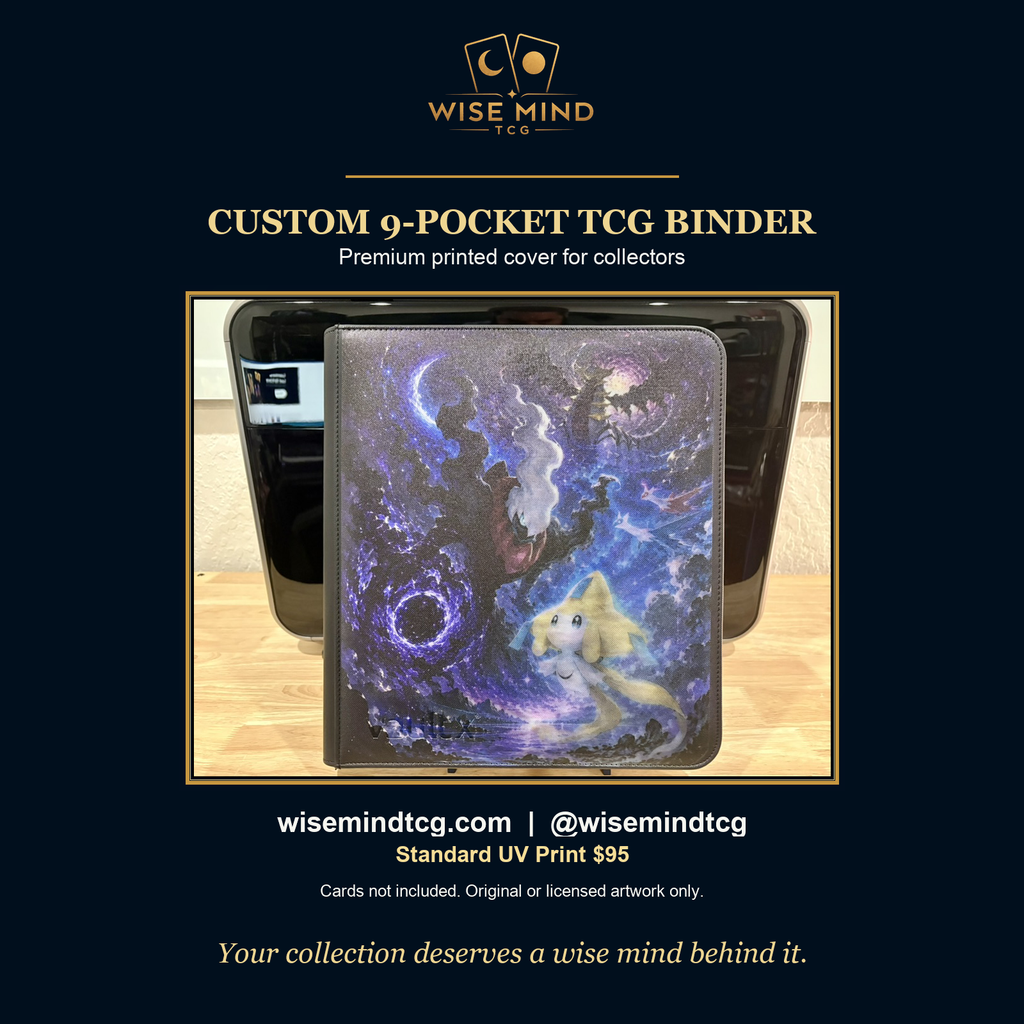 Custom 9-pocket TCG binder with Jirachi galaxy cover art — standard UV print, $95