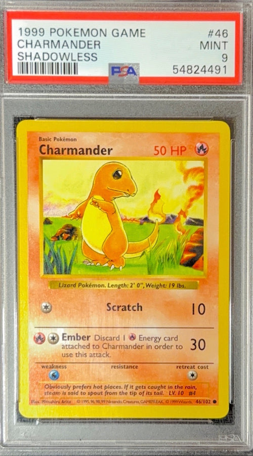 1999 Pokémon Base Set Shadowless Charmander #46 PSA 9 graded slab